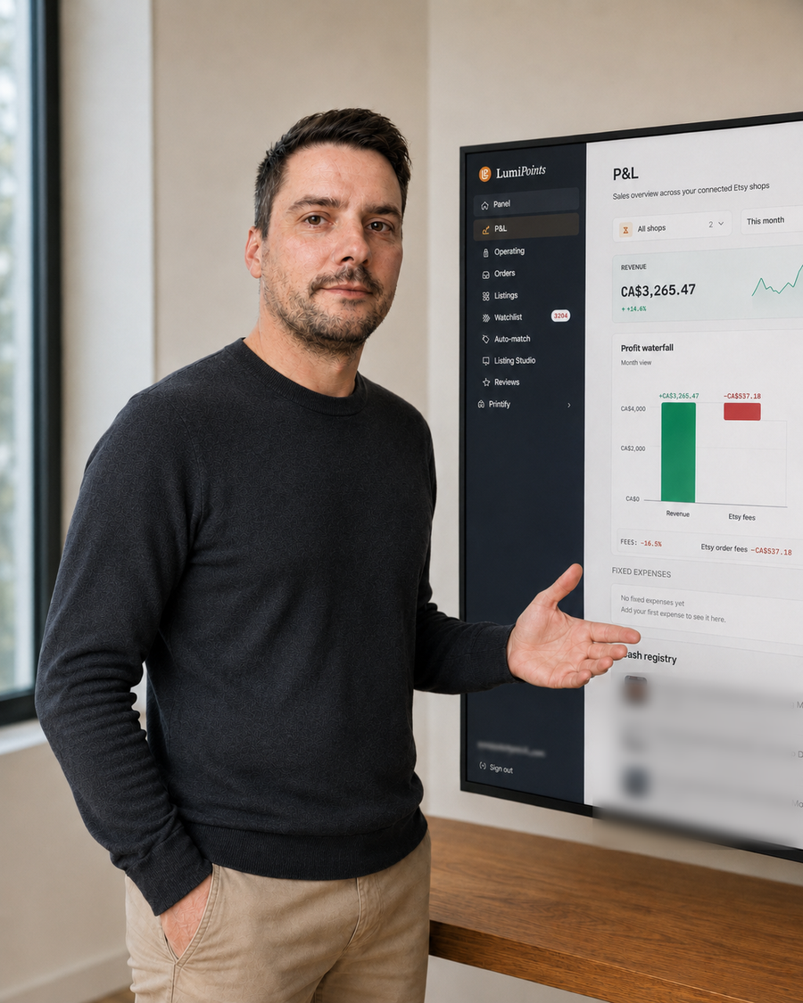 Maksym Horinov, founder of LumiPoints, next to the LumiPoints P&L dashboard