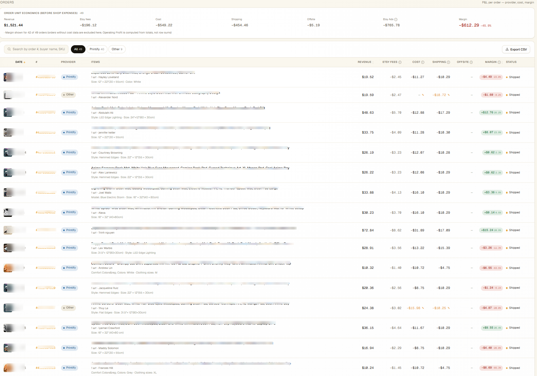 LumiPoints orders table showing revenue, Etsy fees, costs, shipping, and margin per order